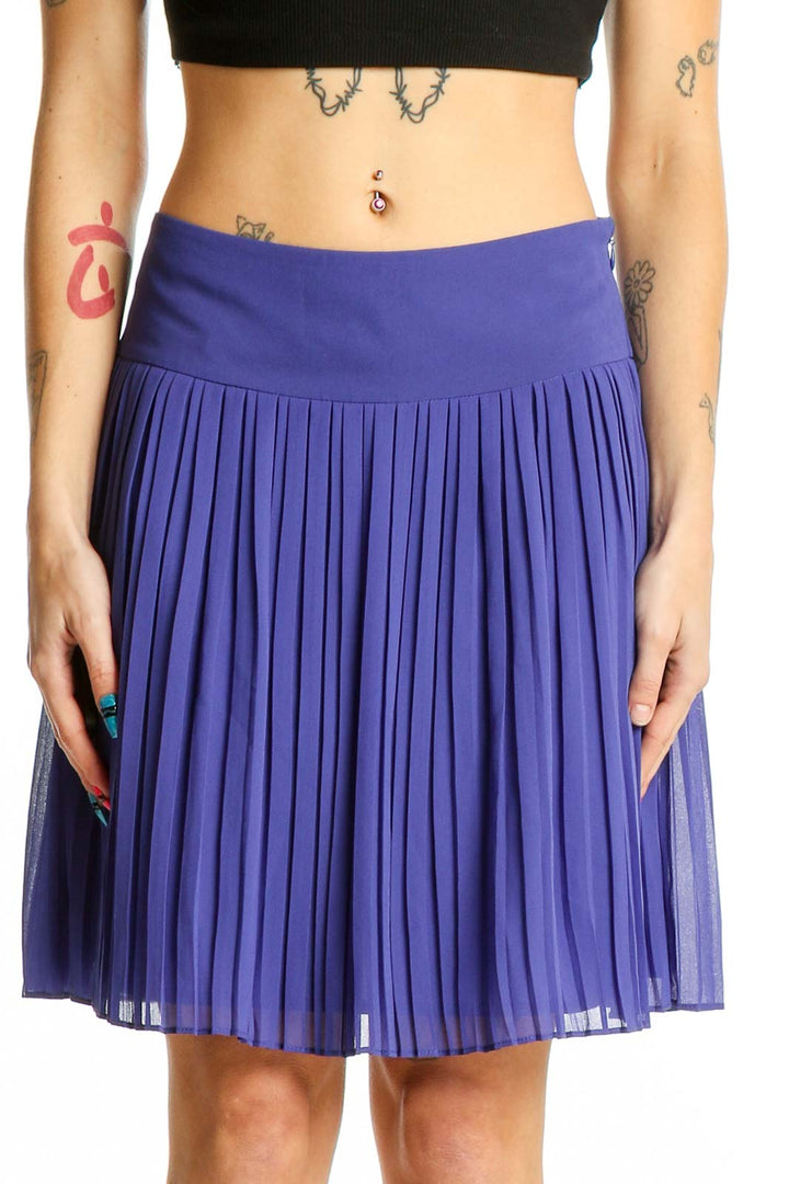 Front view of LOFT purple pleated mini skirt with high waist