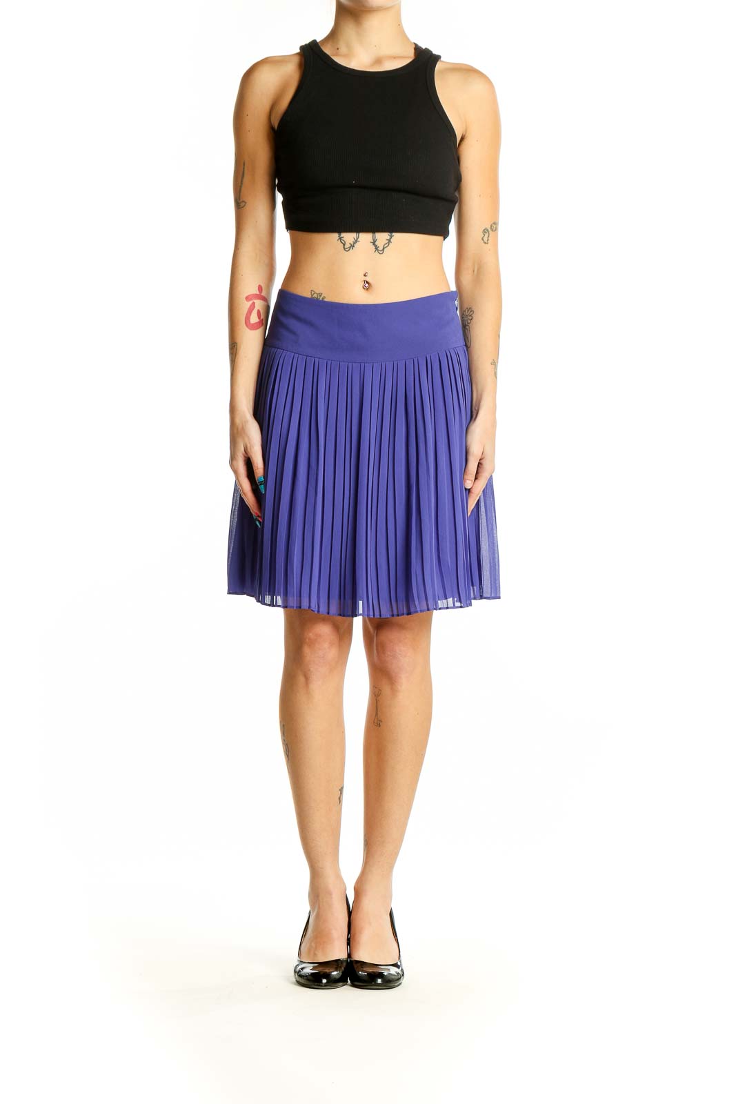 Front view of LOFT purple pleated mini skirt with high waist