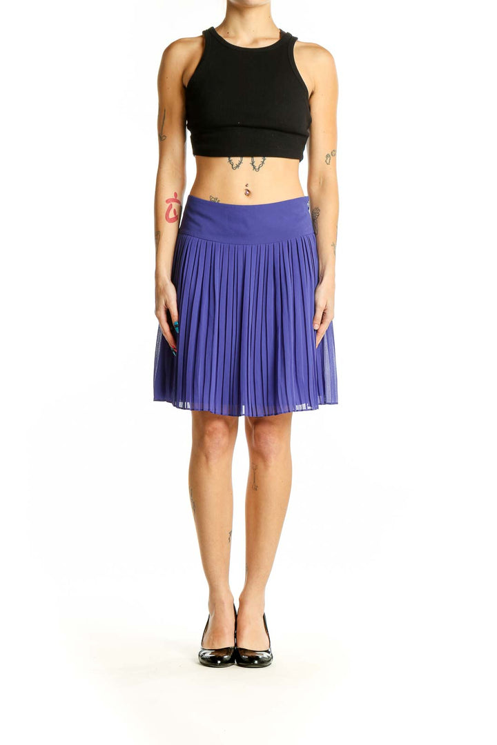 Front view of LOFT purple pleated mini skirt with high waist