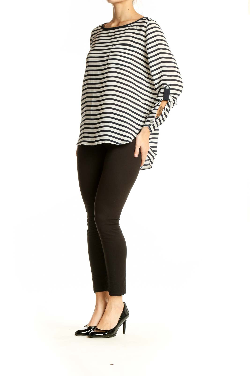 Front view of LOFT black and white striped polyester blouse with long sleeves