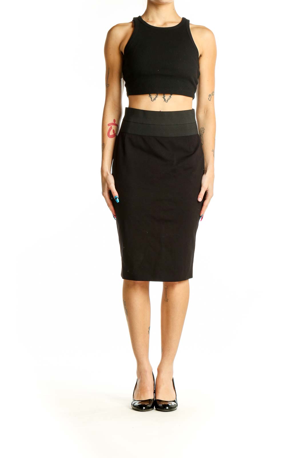 Front view of Akris black pencil skirt with wide waistband