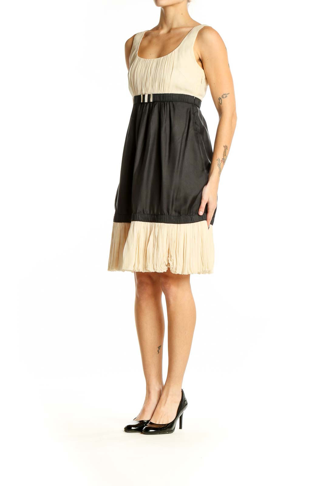 Front view of Yoana Baraschi cream and black color block sleeveless dress