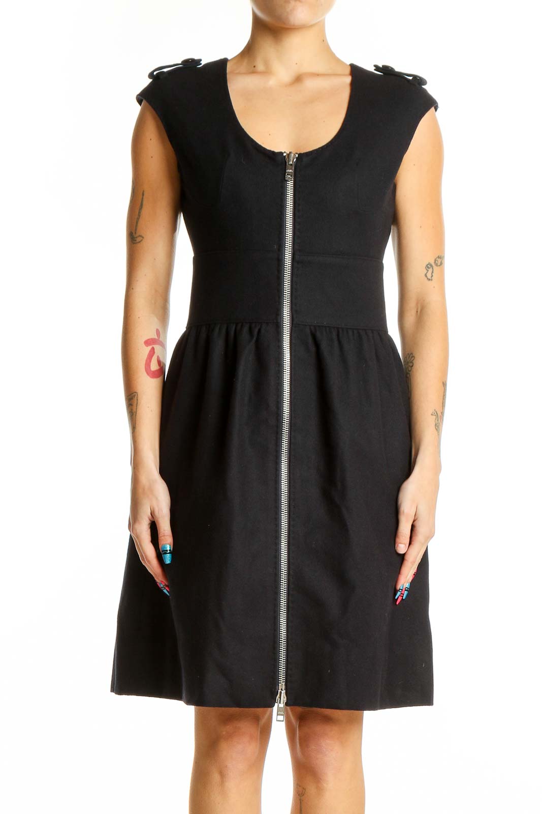 Front view of Club Monaco black fit-and-flare dress with zip-front design