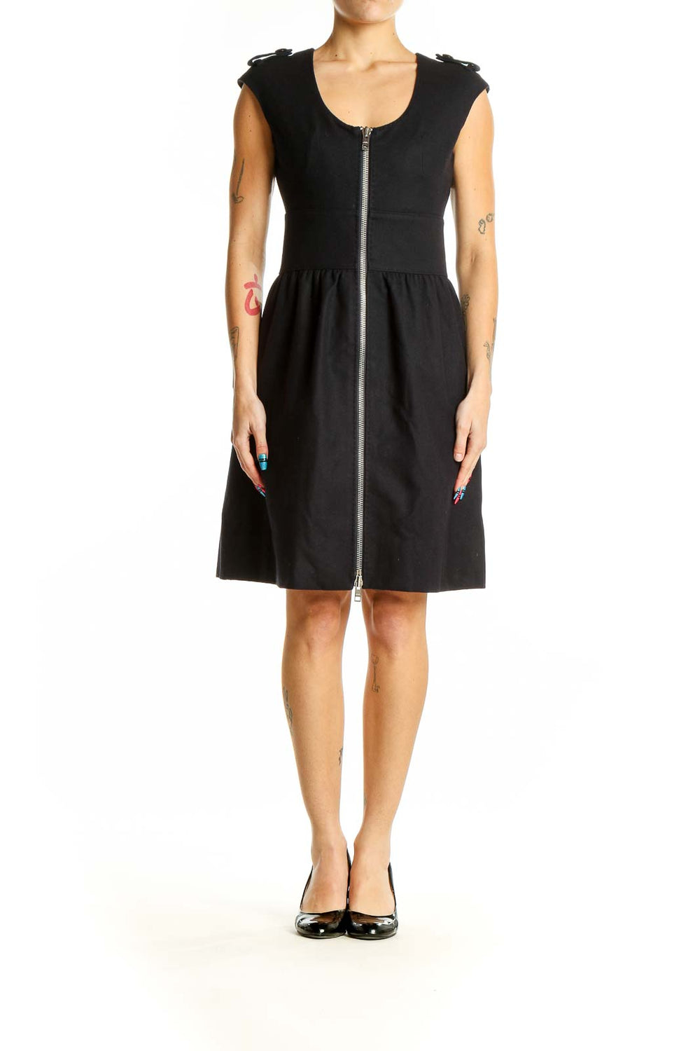 Front view of Club Monaco black fit-and-flare dress with zip-front design