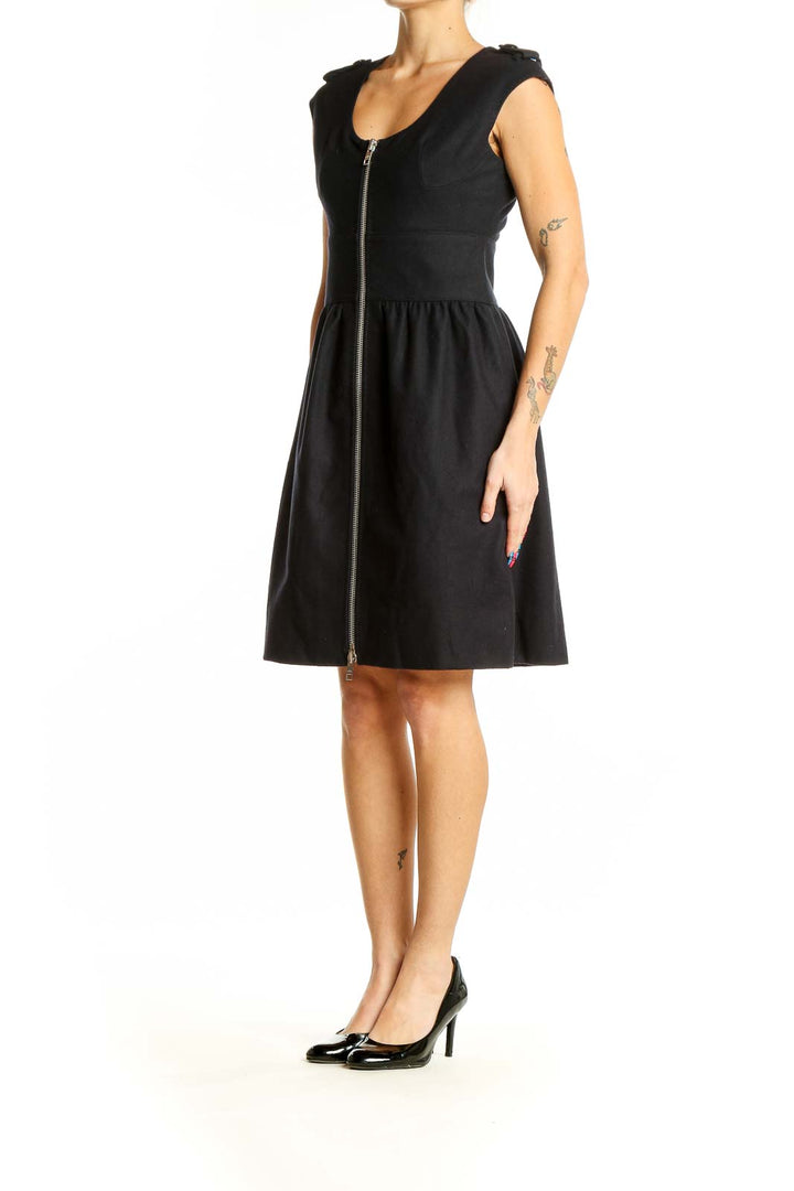 Front view of Club Monaco black fit-and-flare dress with zip-front design