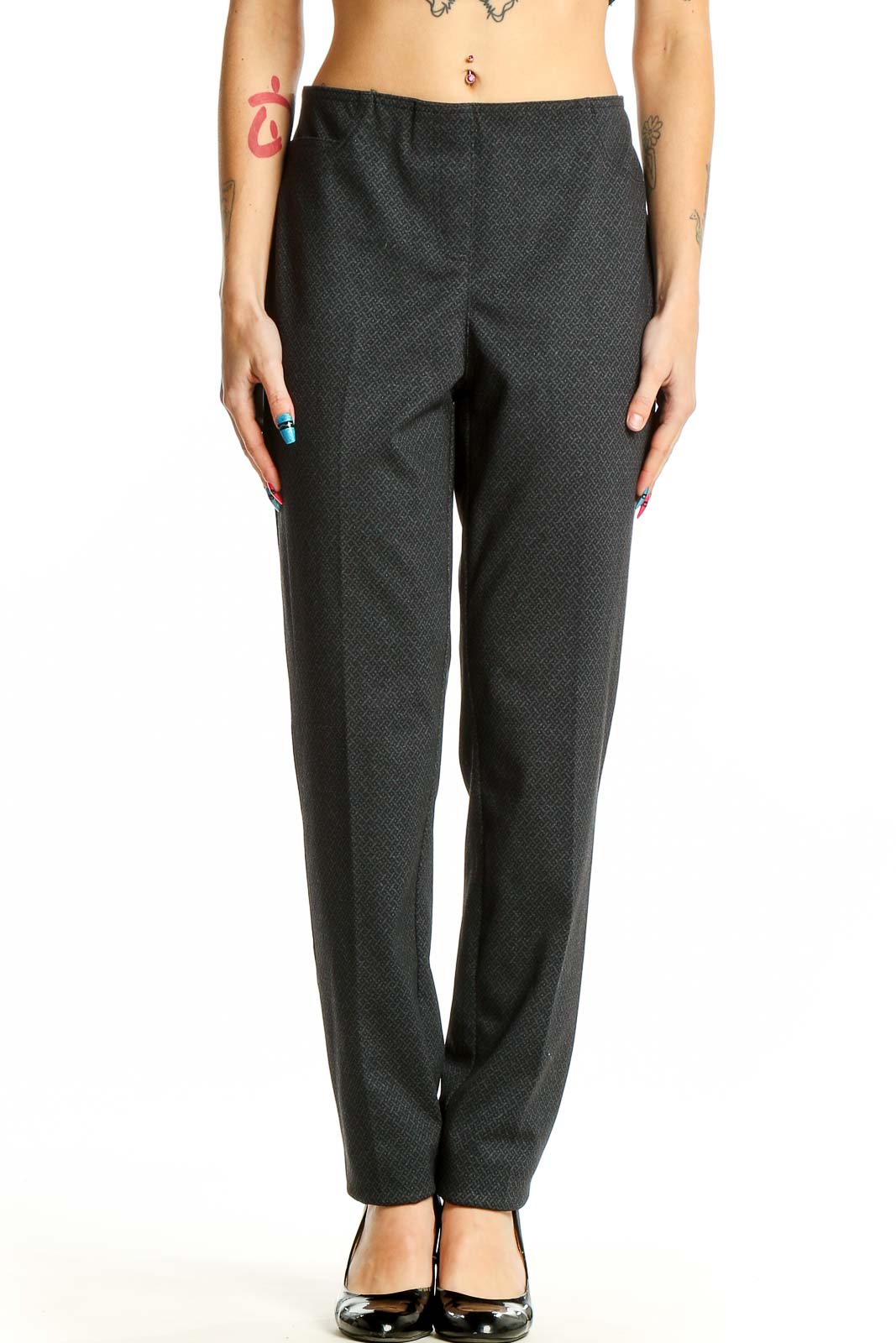 Front view of Neiman Marcus dark gray textured straight-leg trousers