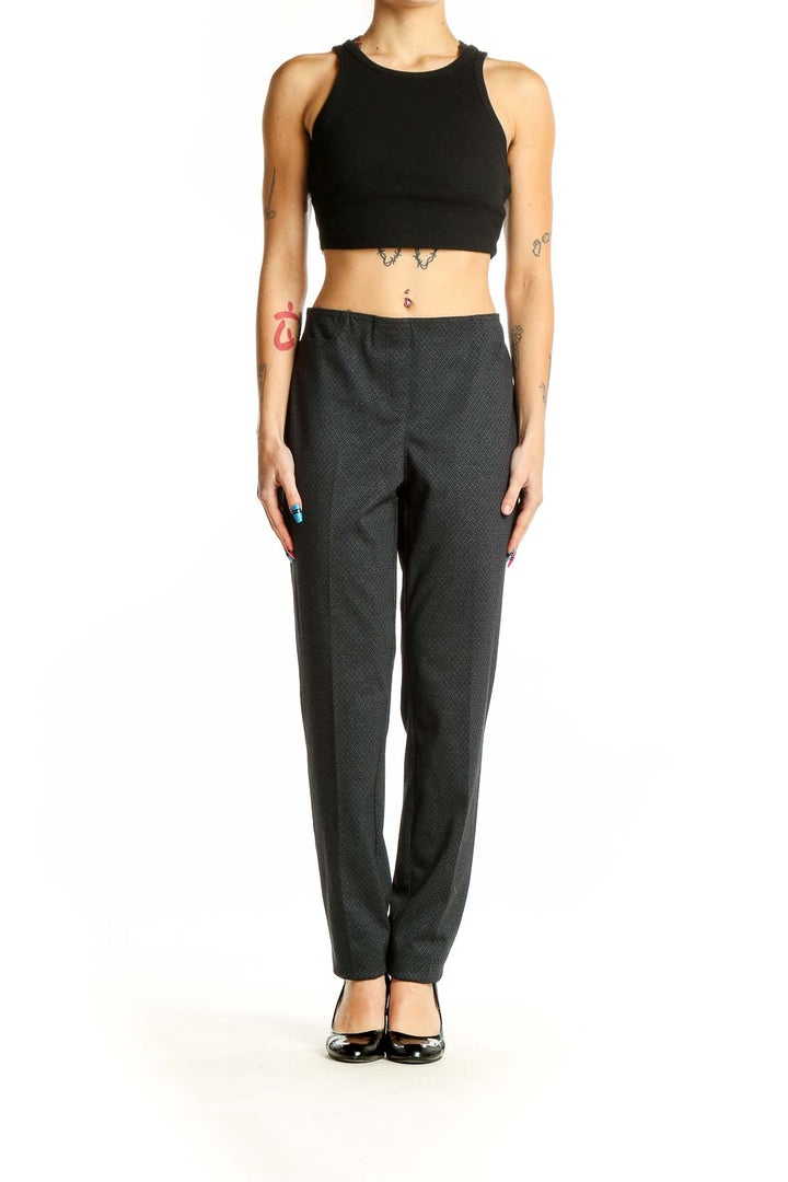 Front view of Neiman Marcus dark gray textured straight-leg trousers