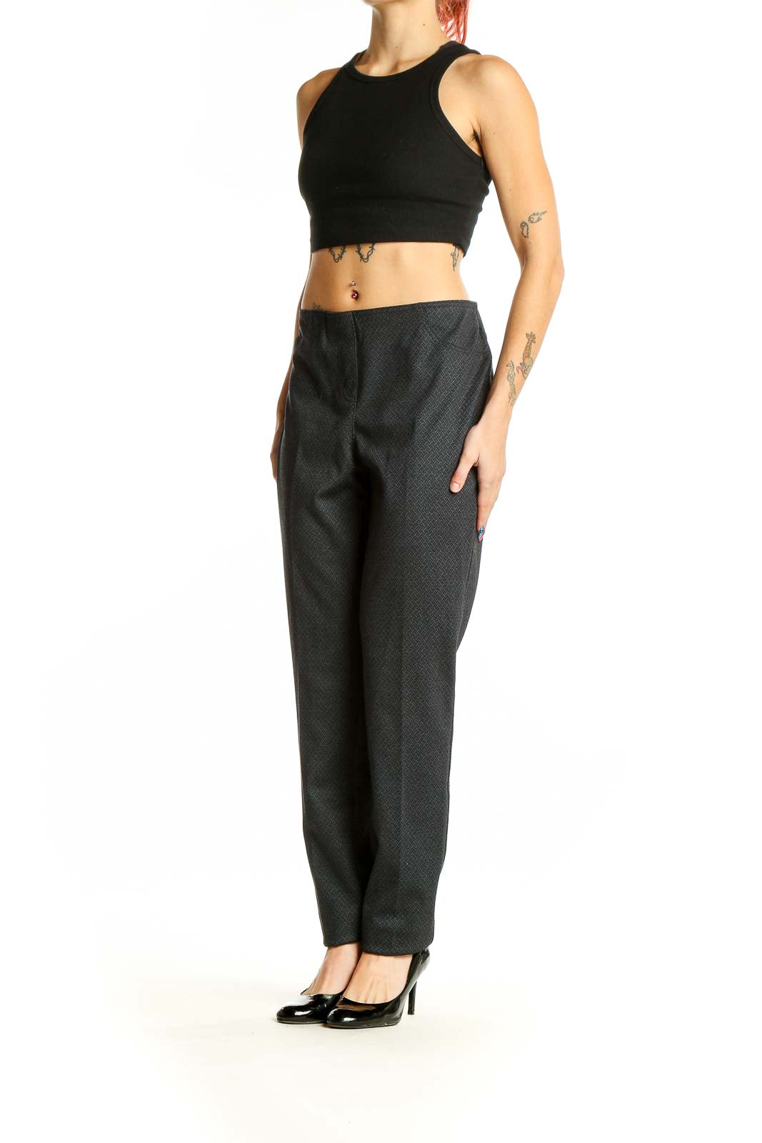 Front view of Neiman Marcus dark gray textured straight-leg trousers