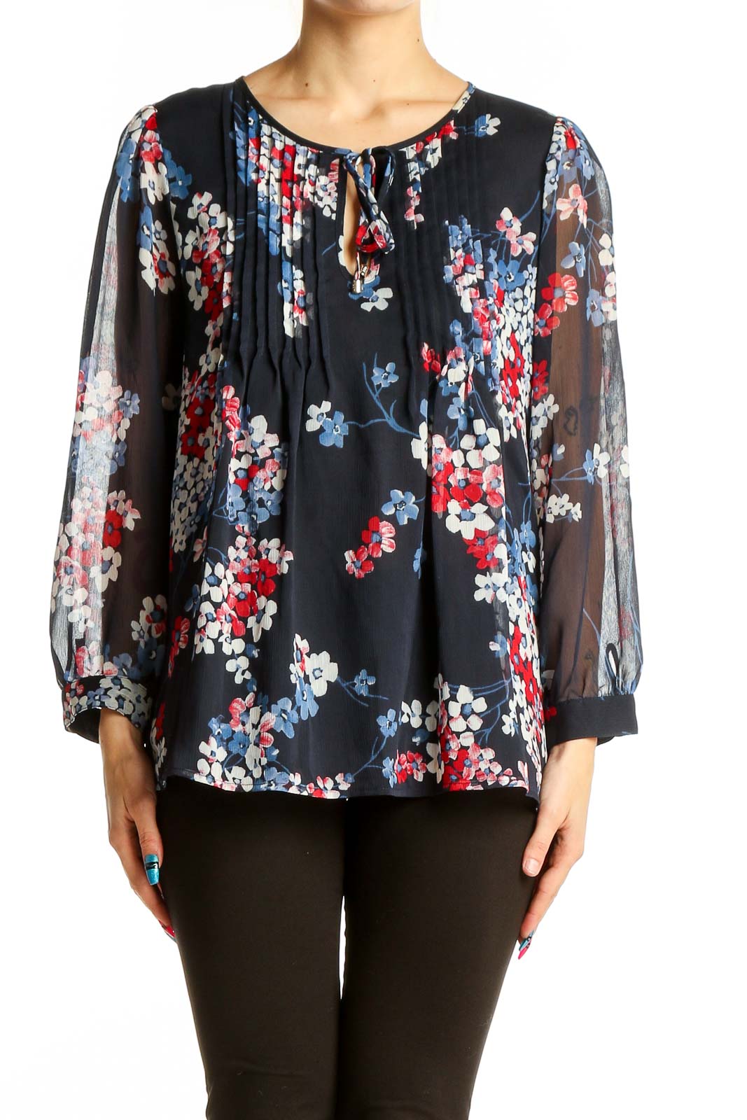 Front view of Tommy Hilfiger navy floral print sheer blouse with pleated detail