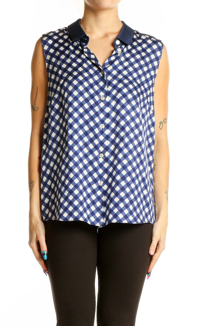 Front view of Kate Spade blue and white gingham sleeveless button-up top