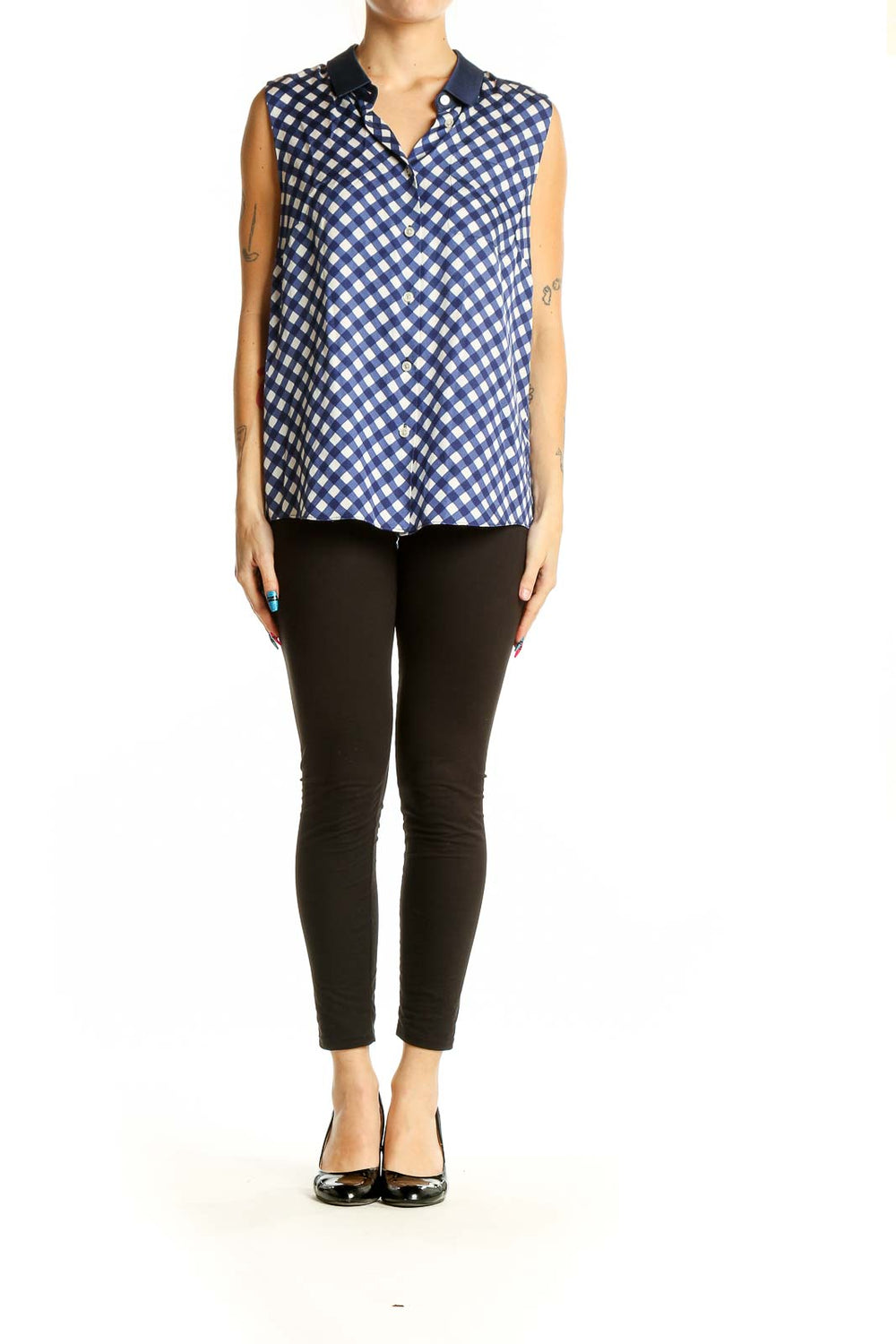 Front view of Kate Spade blue and white gingham sleeveless button-up top