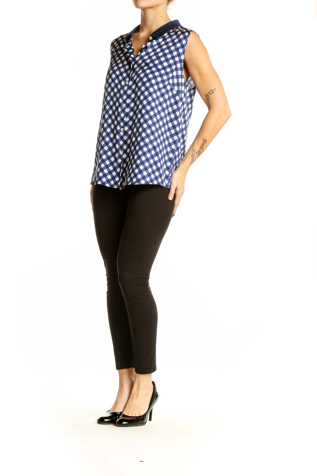 Front view of Kate Spade blue and white gingham sleeveless button-up top