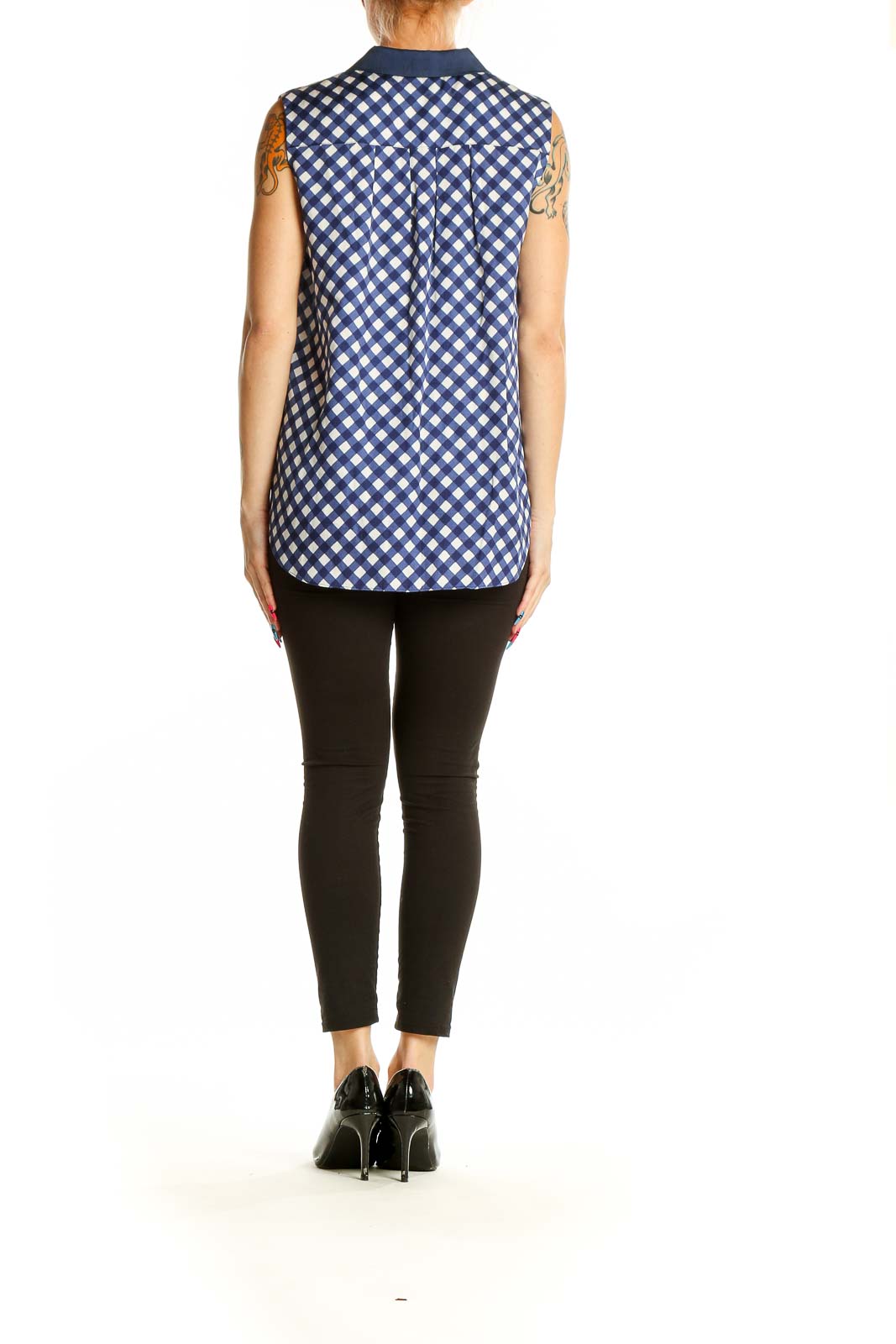 Side view of Kate Spade blue and white gingham sleeveless button-up top on model