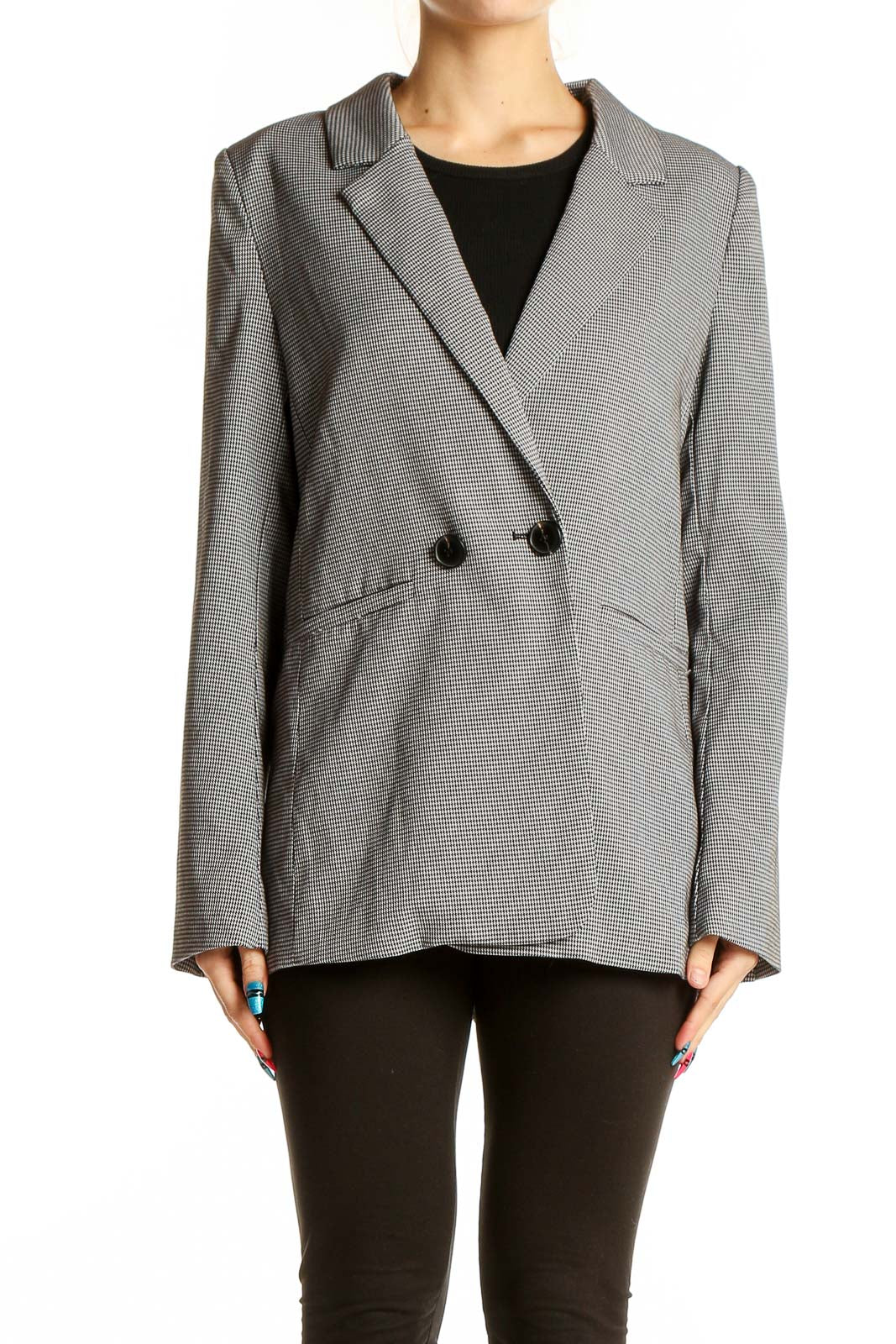 Front view of Lucy Paris gray houndstooth double-breasted blazer