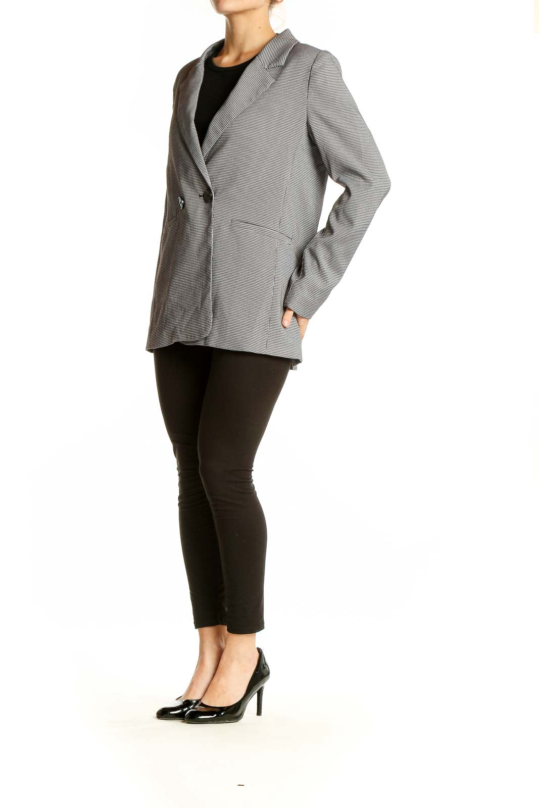 Front view of Lucy Paris gray houndstooth double-breasted blazer