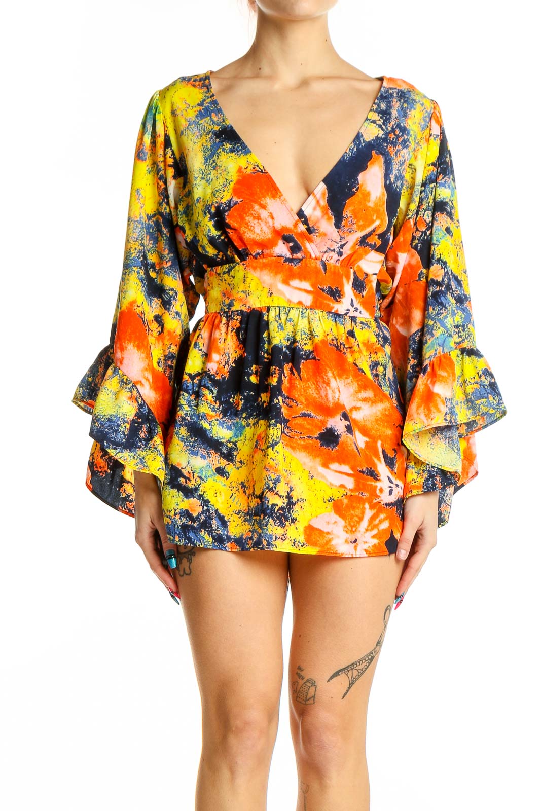 Front view of Betsey Johnson floral print mini dress with bell sleeves