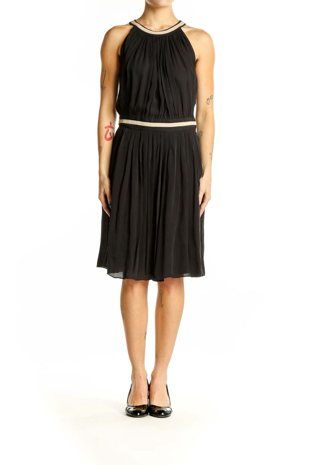 Front view of L'AGENCE black silk halter neck cocktail dress with gold-tone accents