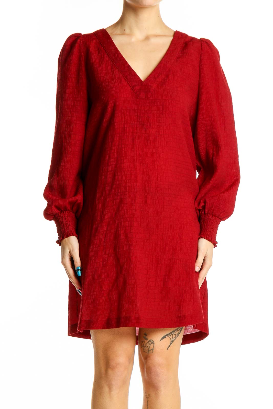 Front view of red BB Dakota mini dress with puff sleeves and V-neckline