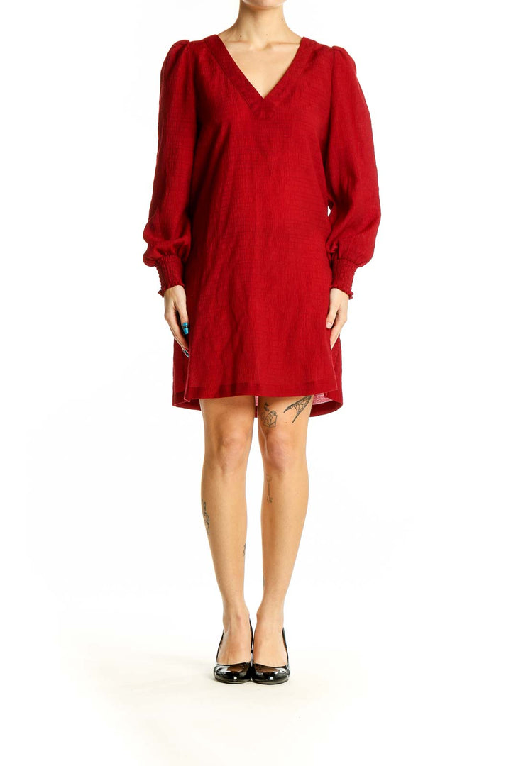 Front view of red BB Dakota mini dress with puff sleeves and V-neckline