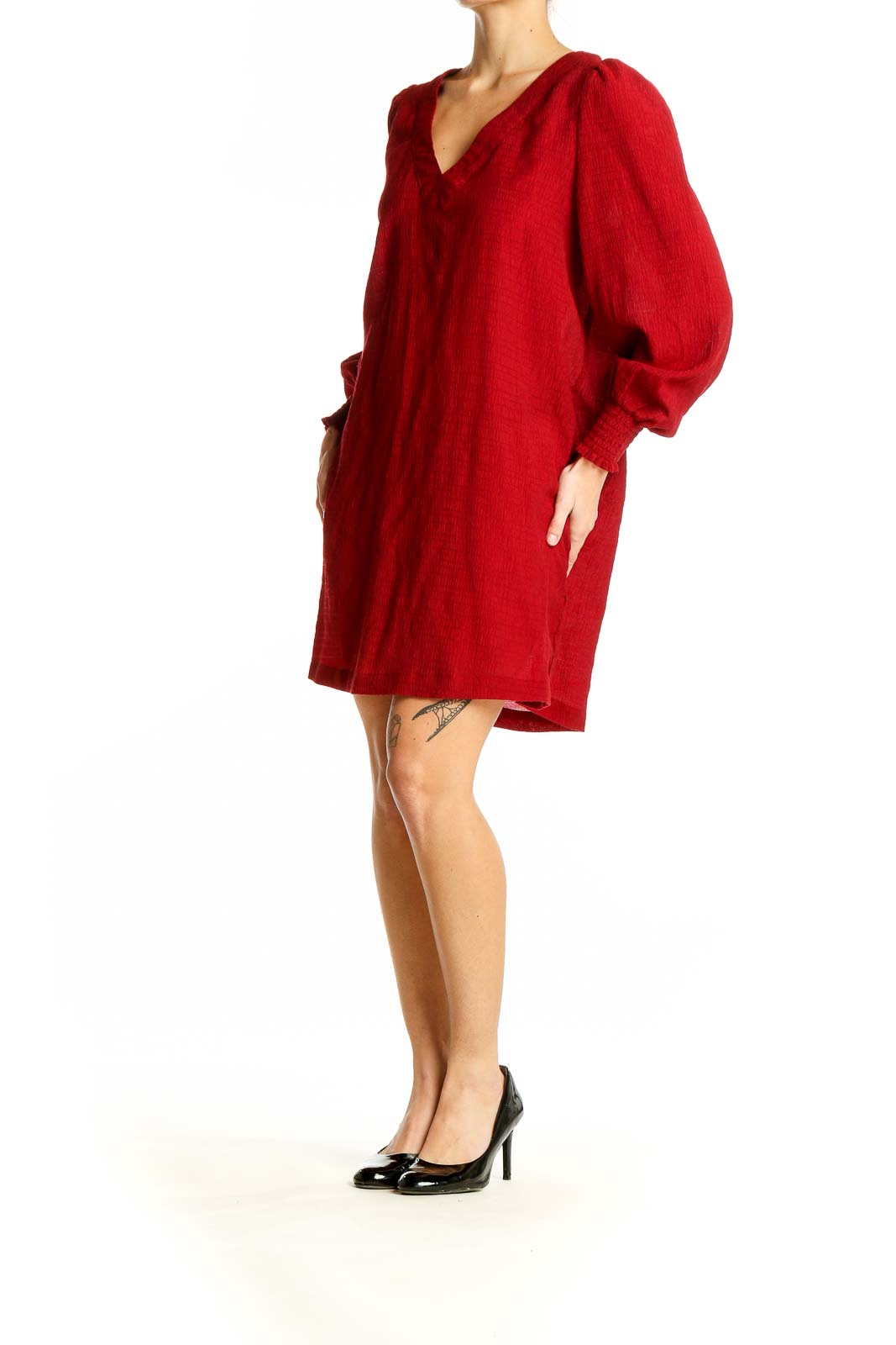 Front view of red BB Dakota mini dress with puff sleeves and V-neckline