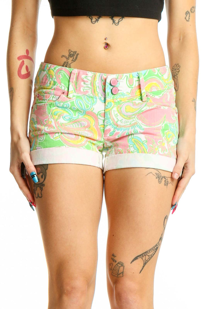 Front view of Lilly Pulitzer pastel floral print shorts