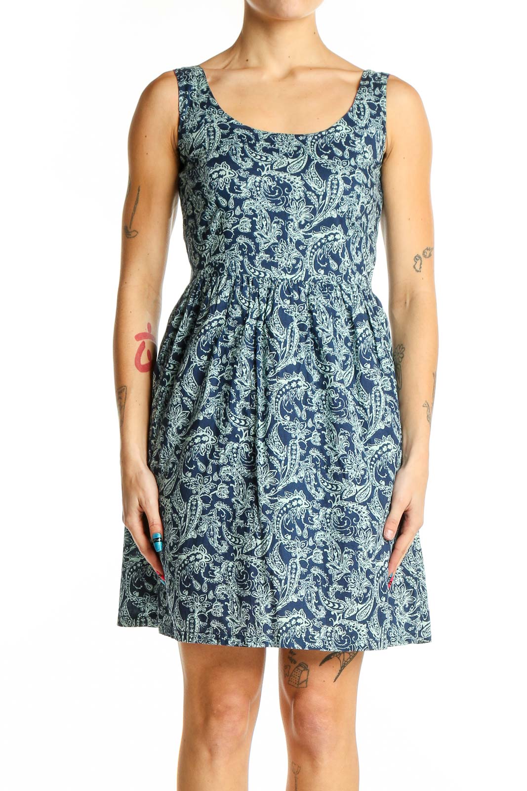 Front view of Levi's blue paisley cotton sleeveless dress with scoop neckline