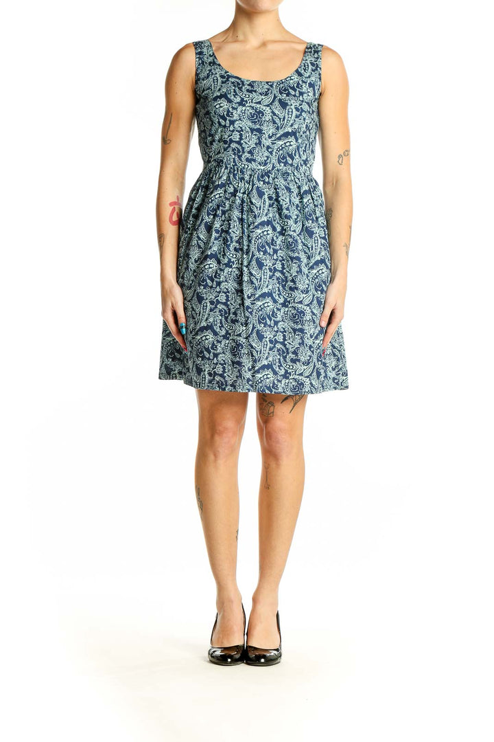 Front view of Levi's blue paisley cotton sleeveless dress with scoop neckline