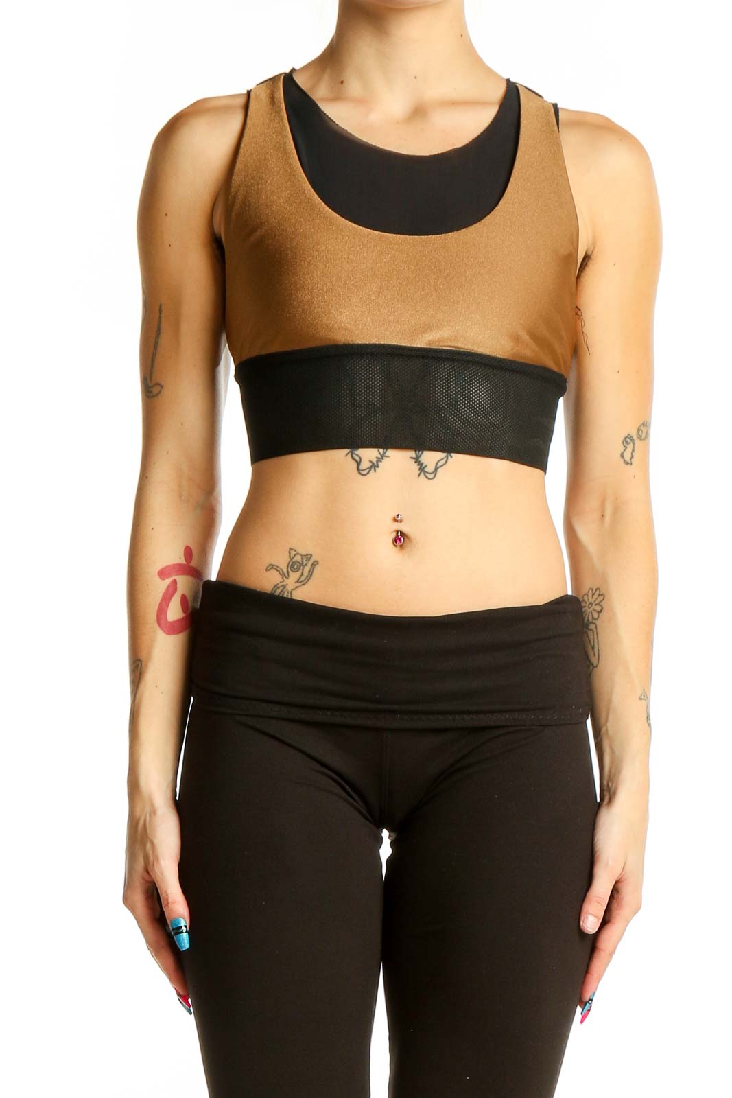 Front view of KORAL bronze metallic racerback sports bra with black band