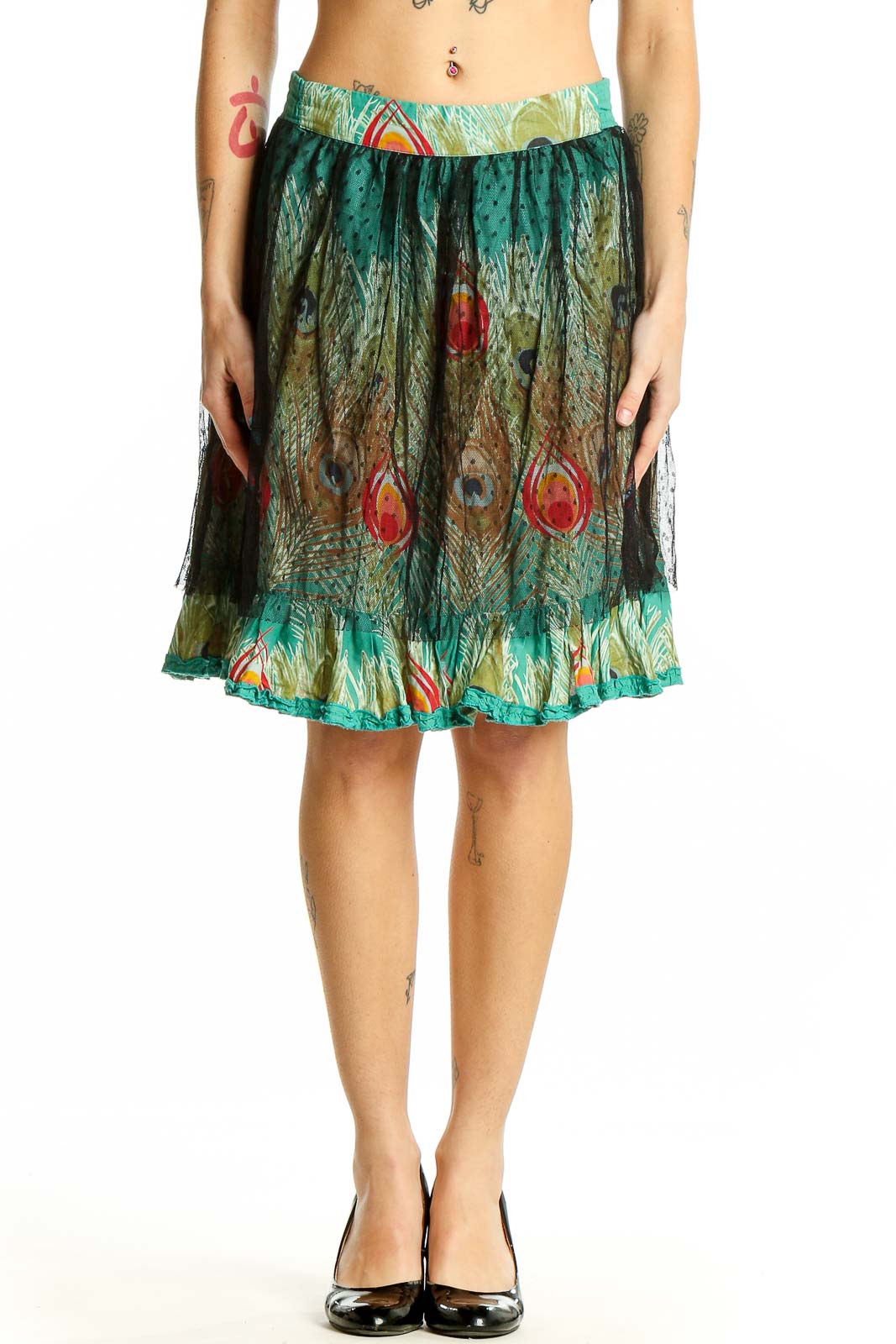 Front view of Desigual teal peacock feather print tulle skirt with elastic waistband