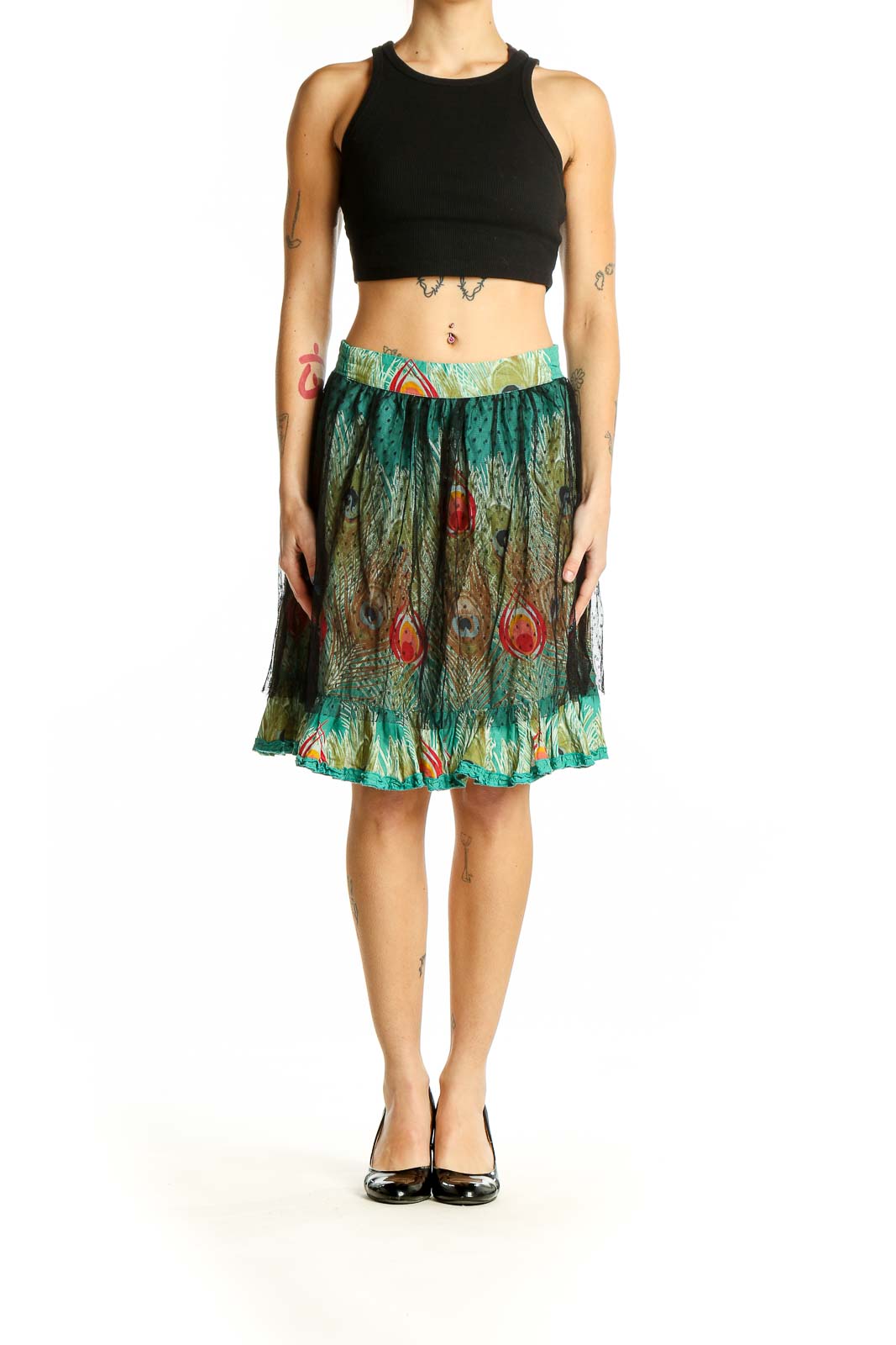 Front view of Desigual teal peacock feather print tulle skirt with elastic waistband