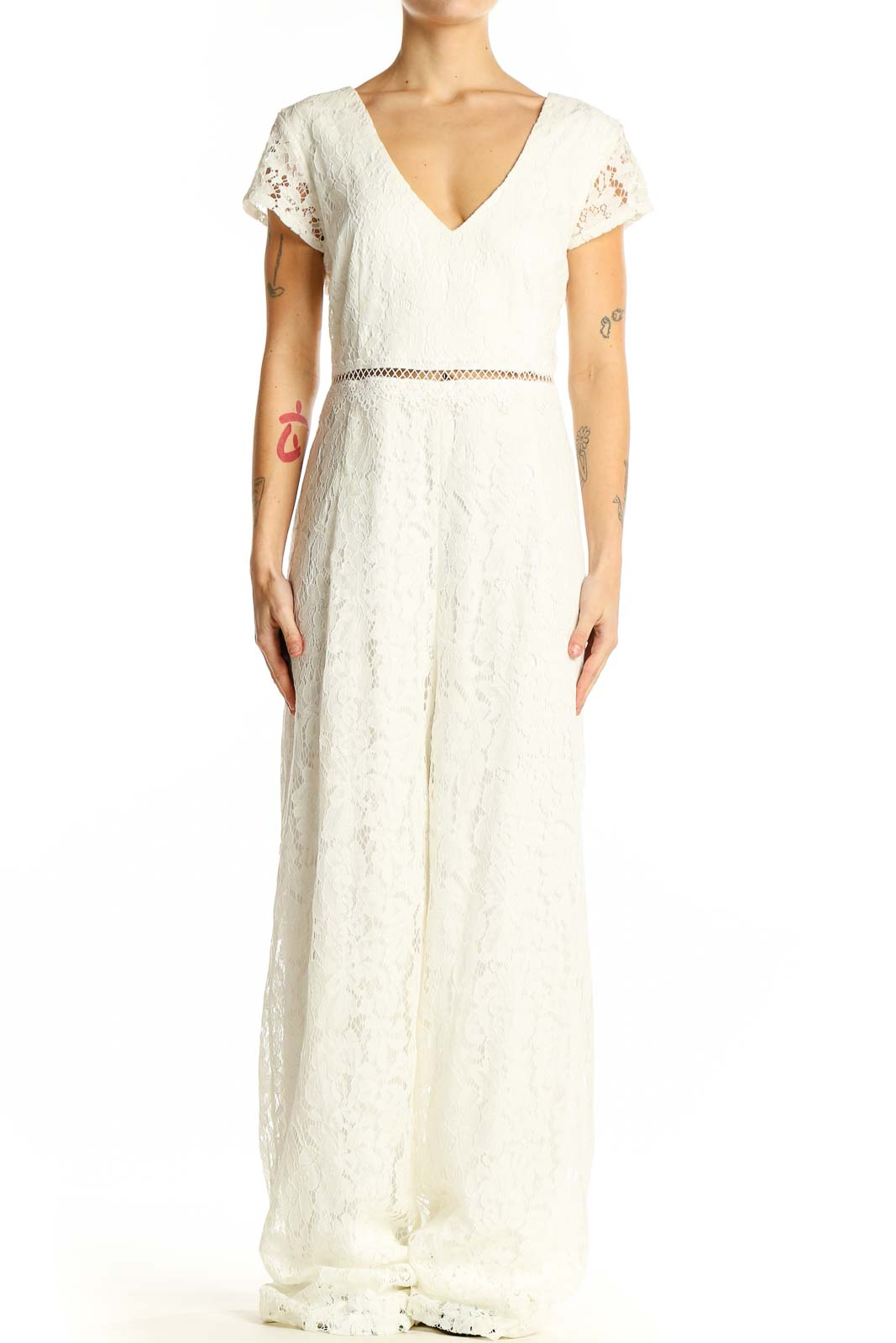 Front view of Lulu's white lace V-neck wide-leg jumpsuit