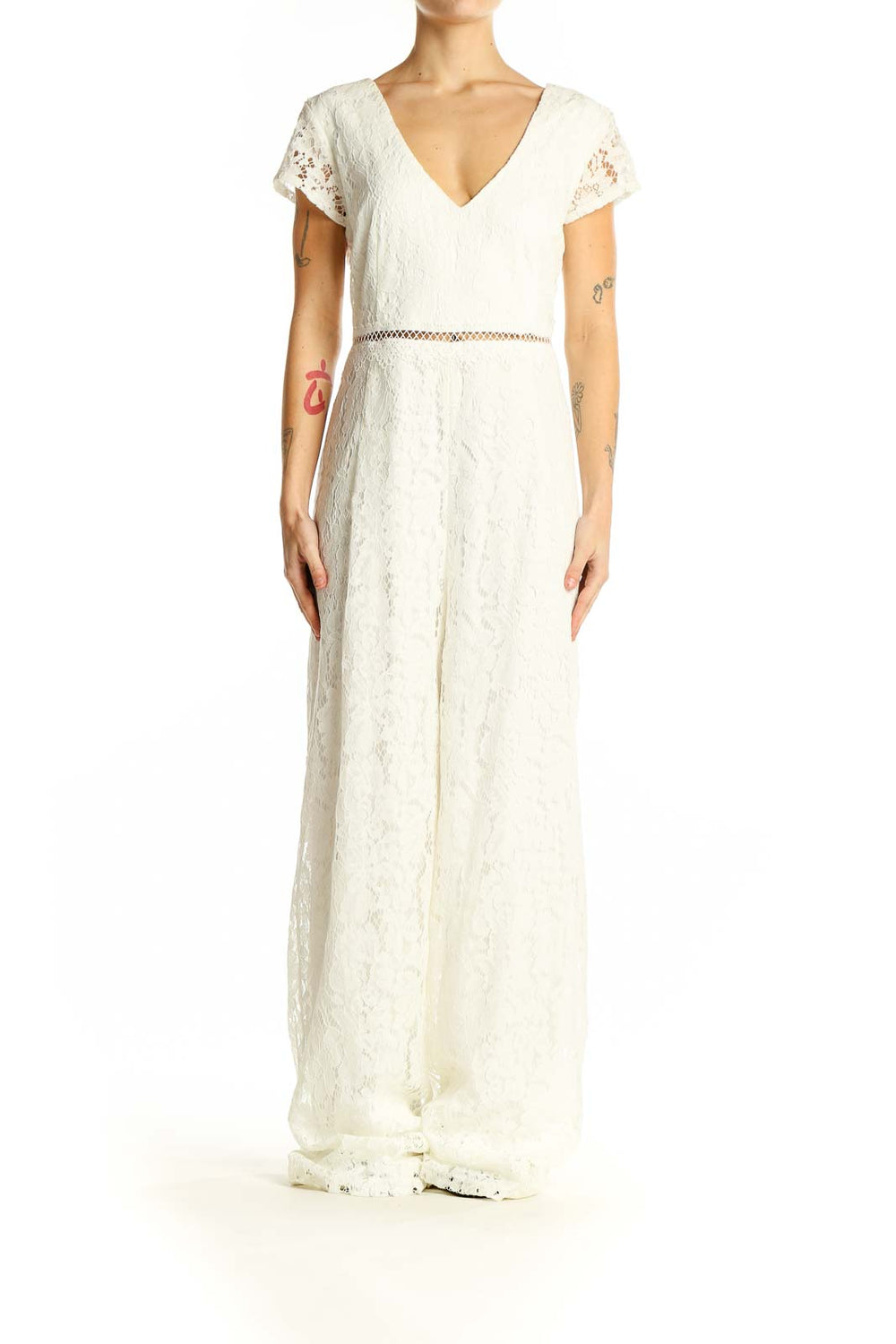 Front view of Lulu's white lace V-neck wide-leg jumpsuit