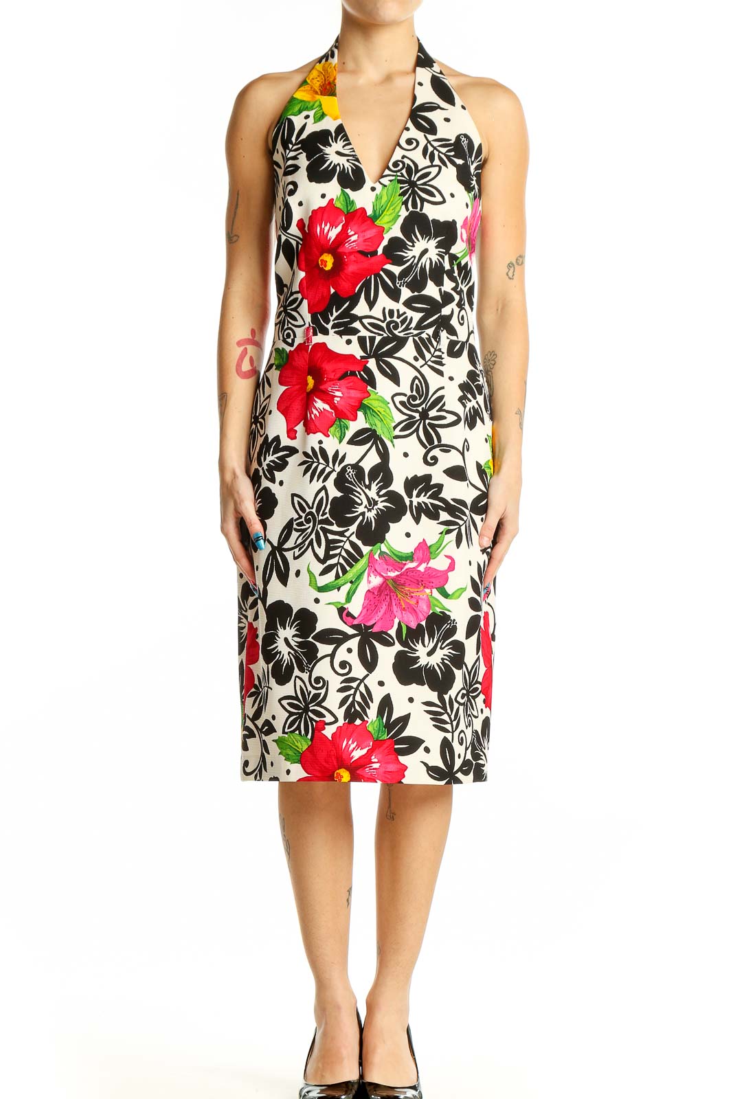 Front view of David Meister Black and White Floral Halter Dress with red and pink blooms