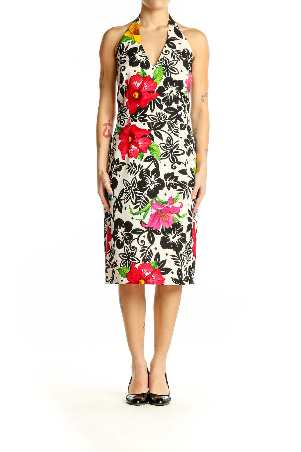 Front view of David Meister Black and White Floral Halter Dress with red and pink blooms