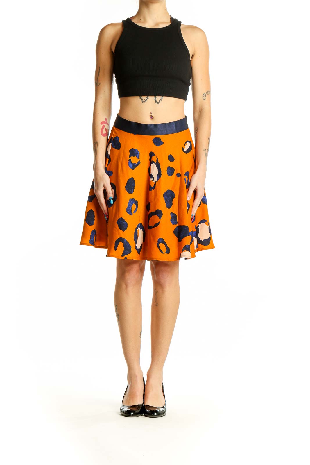 Front view of 3.1 Phillip Lim orange leopard print A-line skirt