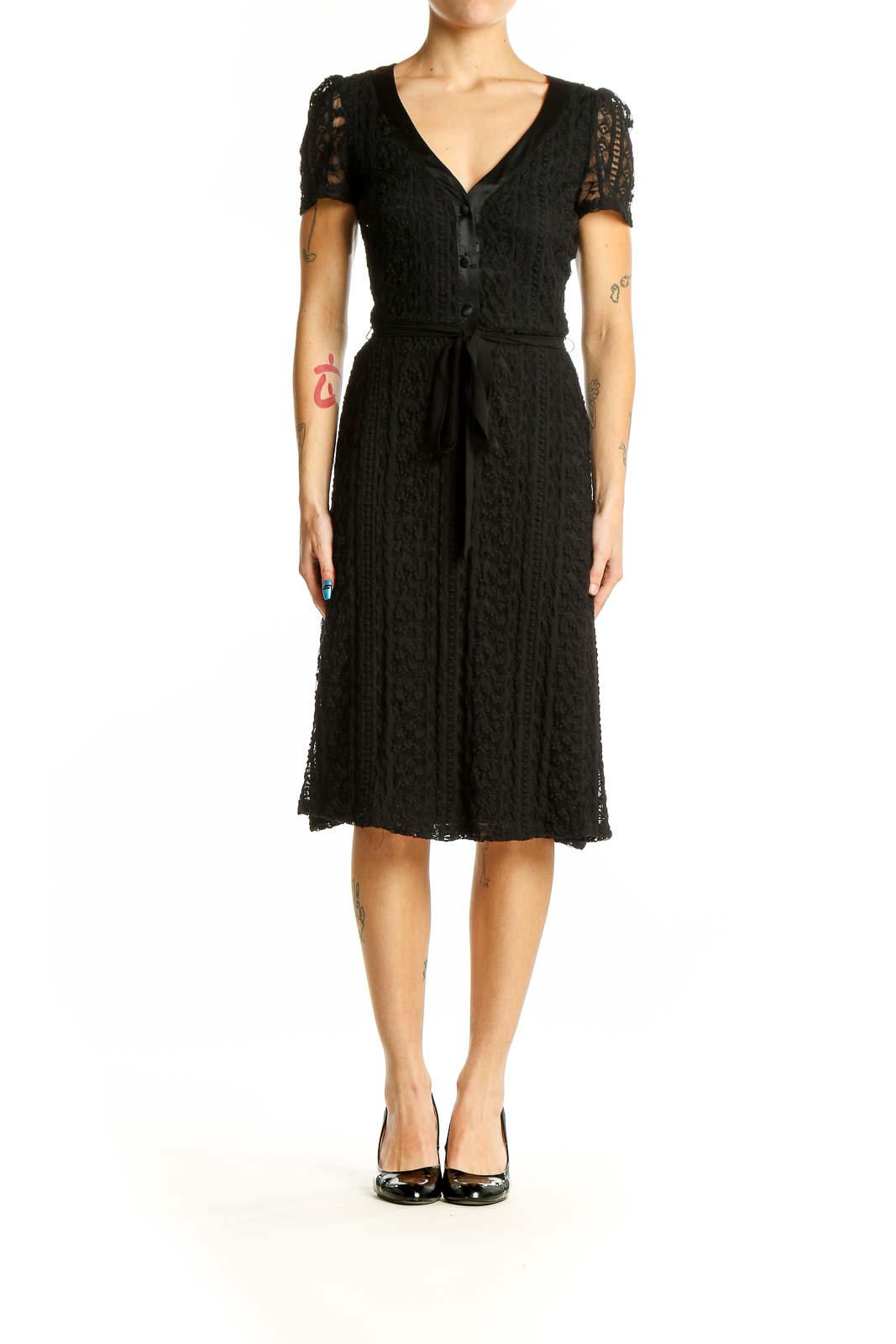 Front view of Betsy Johnson black lace midi dress with V-neck and button-front