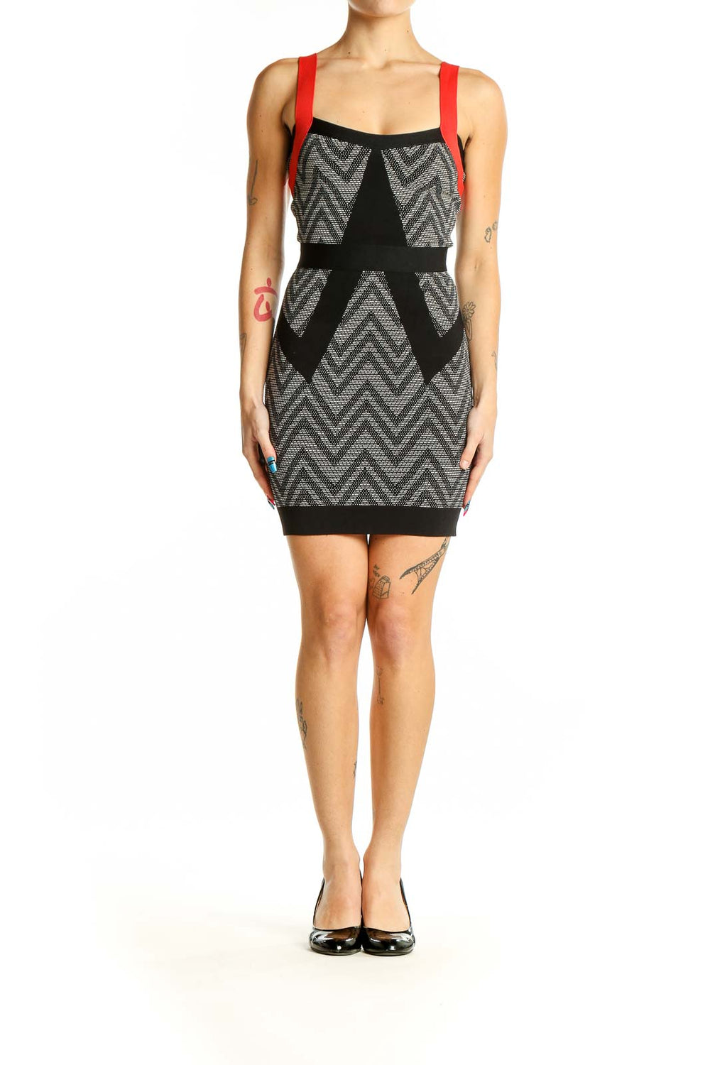 Front view of MARCIANO black and gray chevron bodycon dress with red straps