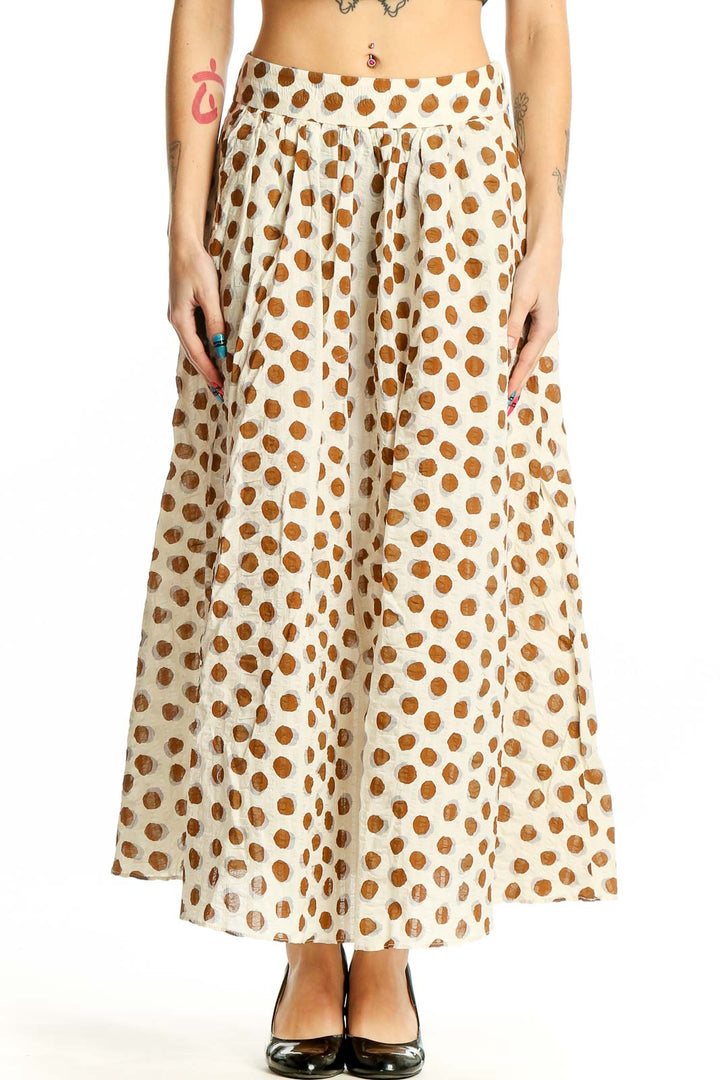 Front view of Mango white and brown polka dot cotton skirt