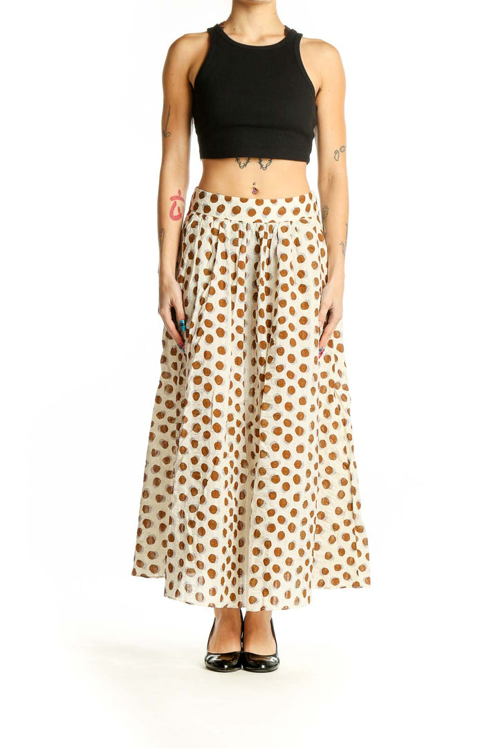 Front view of Mango white and brown polka dot cotton skirt