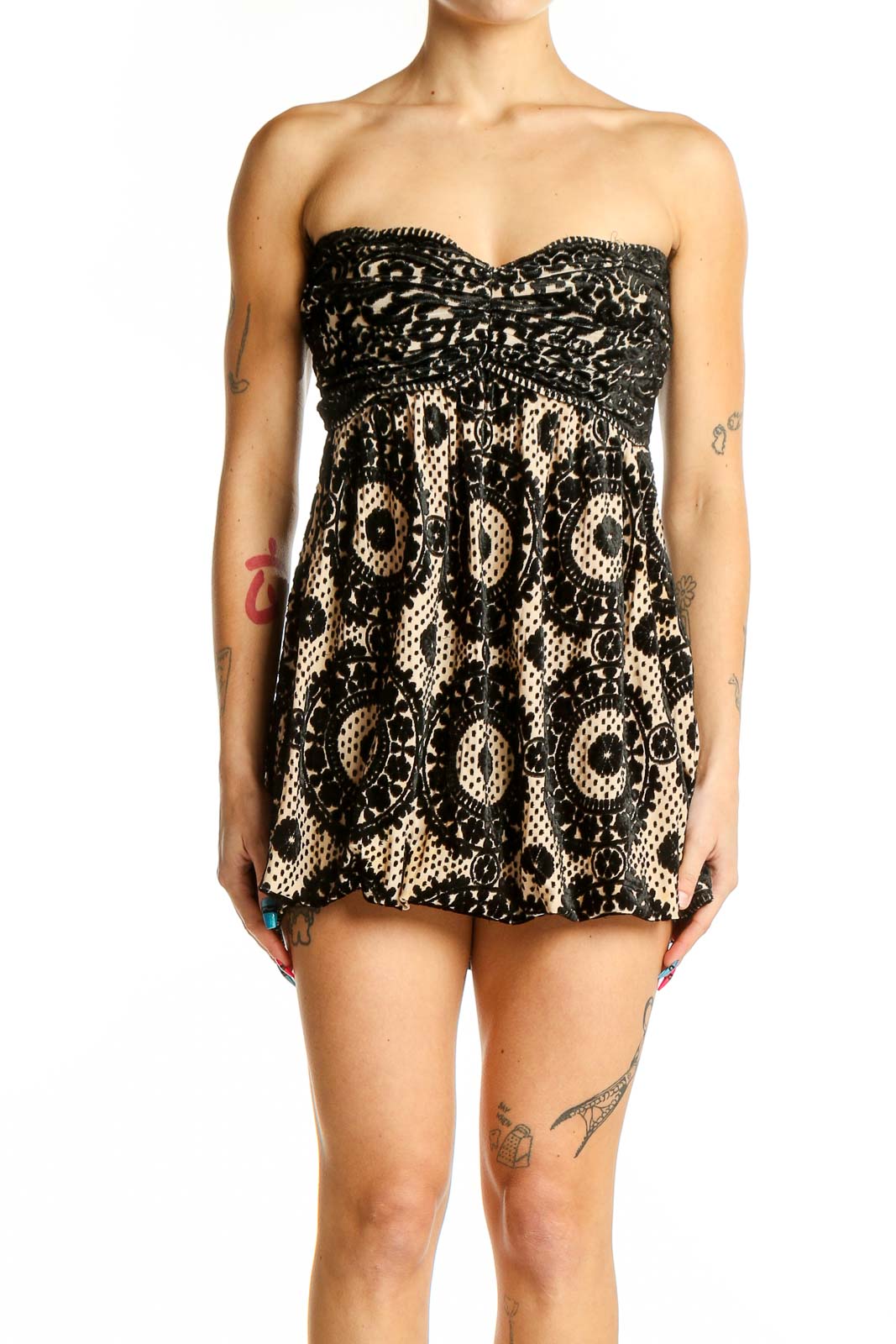 Front view of black lace strapless mini dress by Diane von Furstenberg