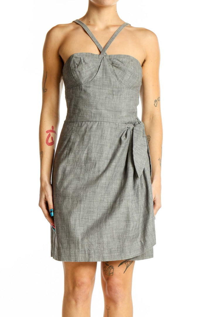 Front view of Jill Stuart gray cotton halter dress with twisted bust