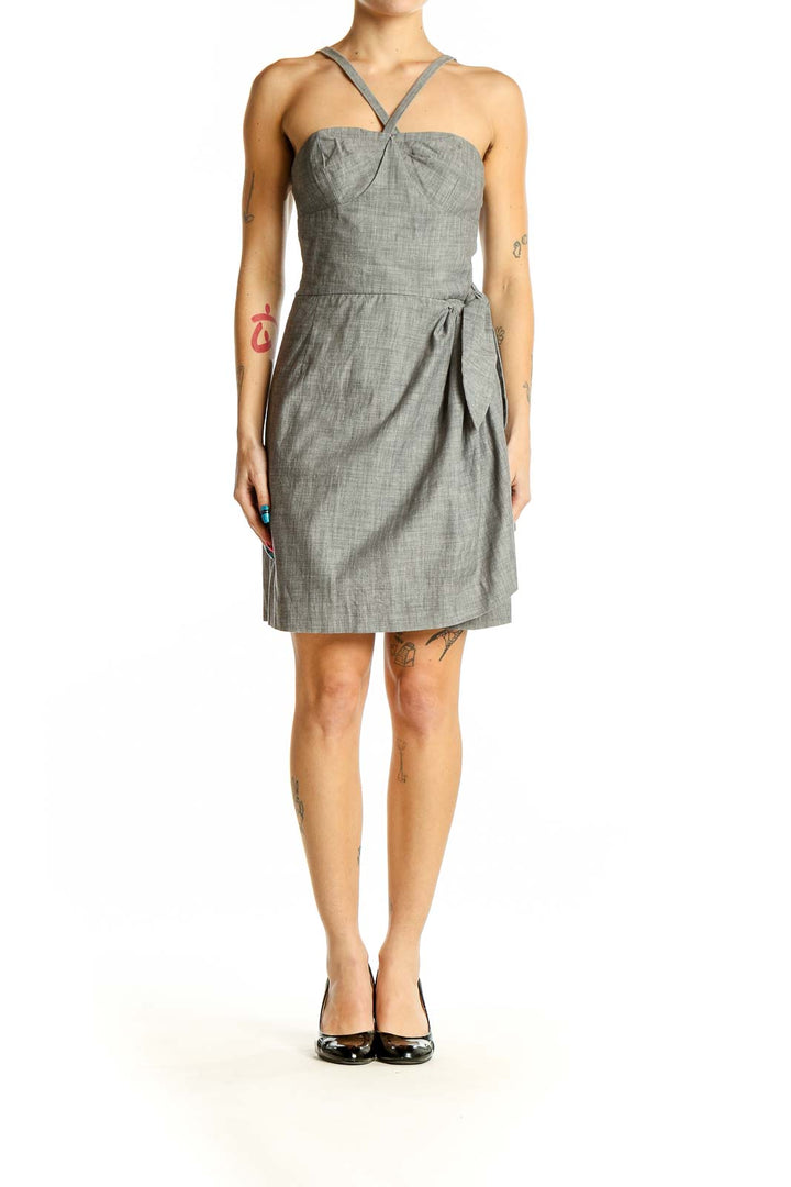 Front view of Jill Stuart gray cotton halter dress with twisted bust