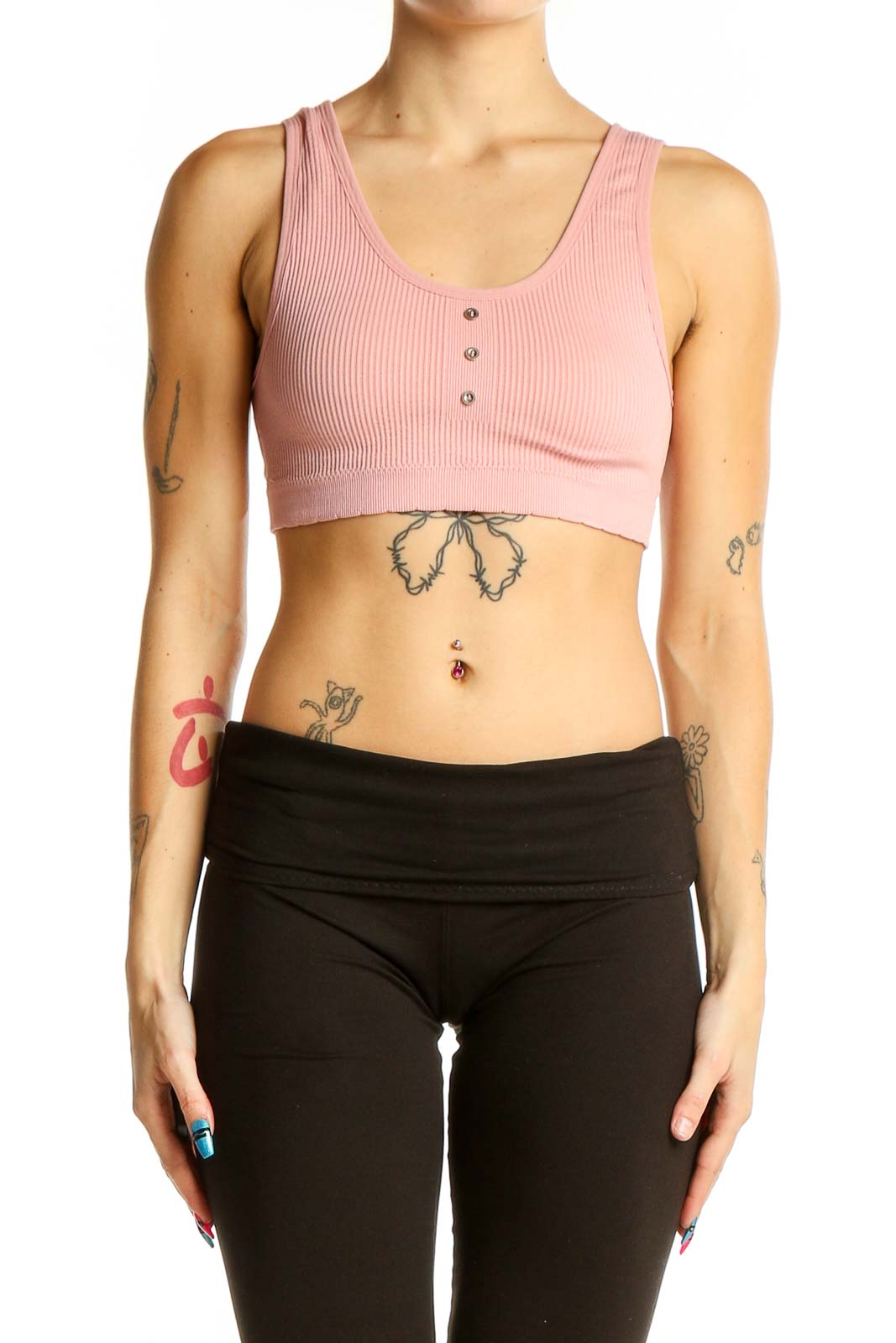 Front view of pink ribbed crop top with button detail by Lucky Brand