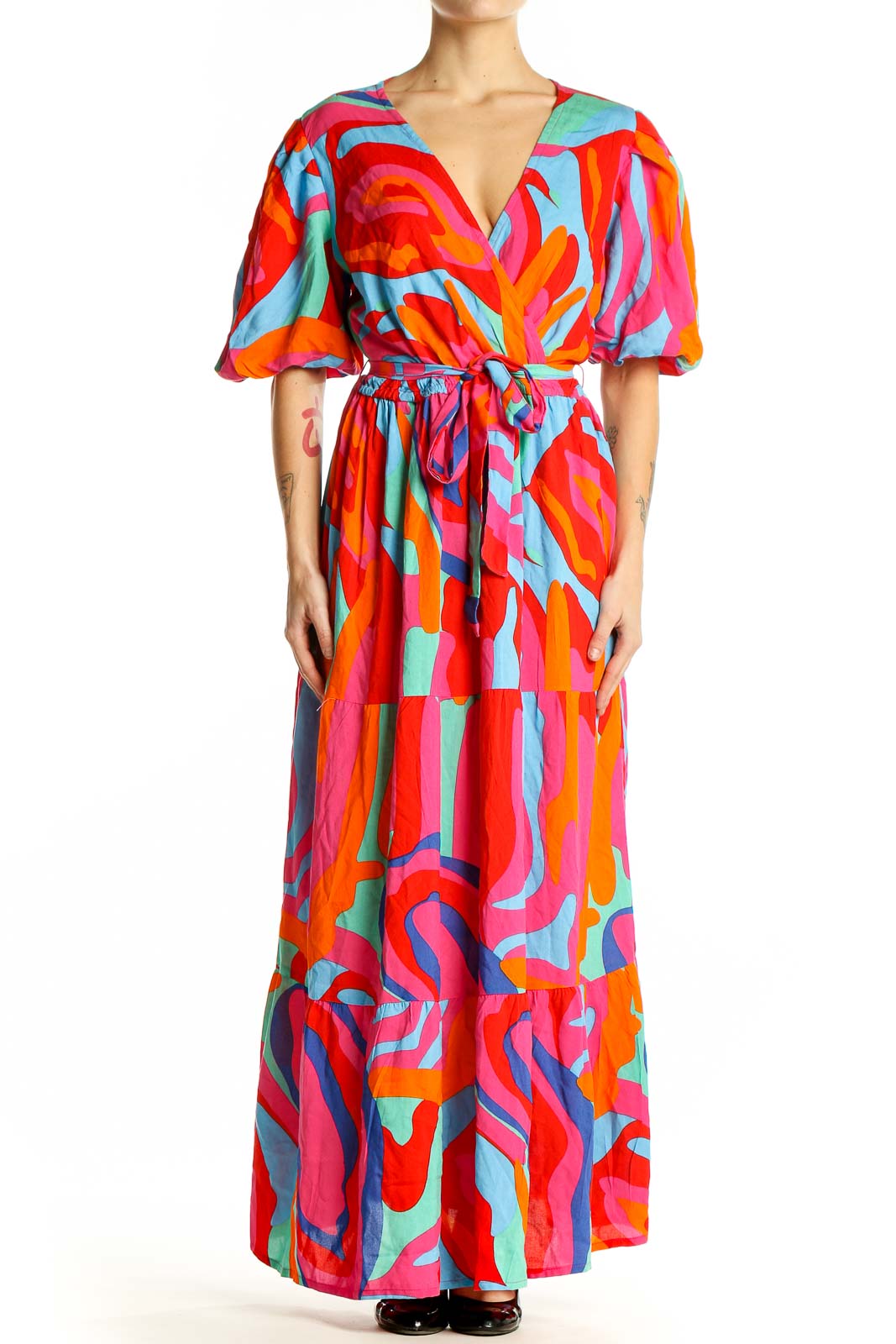 Front view of SilkRoll multicolor abstract print maxi dress with puff sleeves