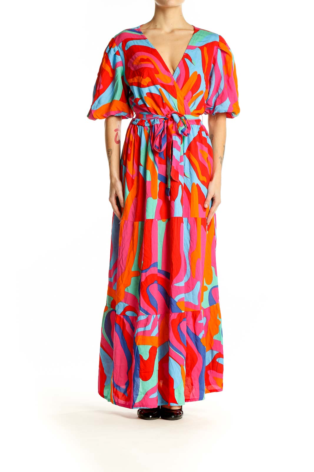 Front view of SilkRoll multicolor abstract print maxi dress with puff sleeves