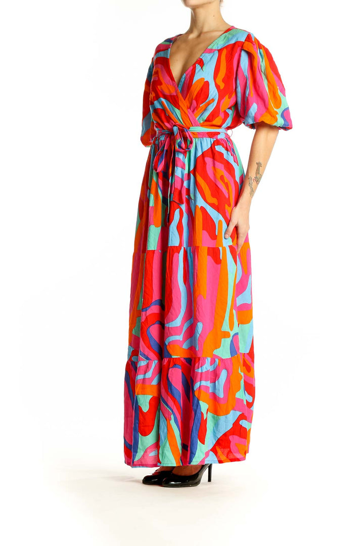 Front view of SilkRoll multicolor abstract print maxi dress with puff sleeves