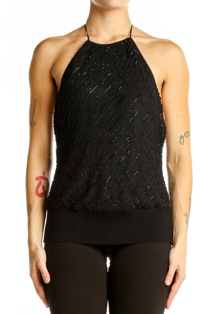 Front view of LAUNDRY by SHELLI SEGAL black beaded halter top with diagonal pattern