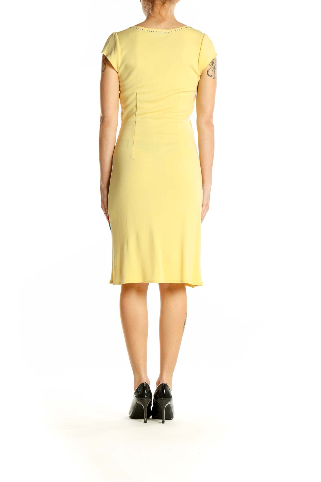 Side view of yellow embellished wrap midi dress by ABS by Allen Schwartz