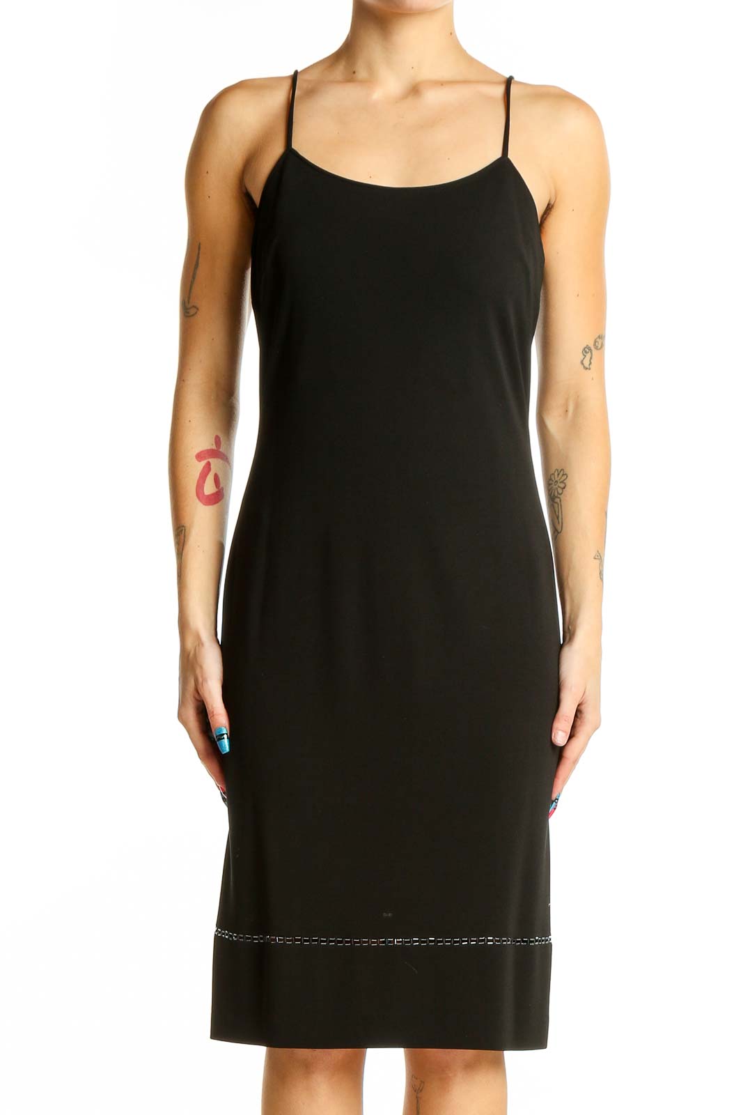 Front view of black Rimini spaghetti strap midi dress