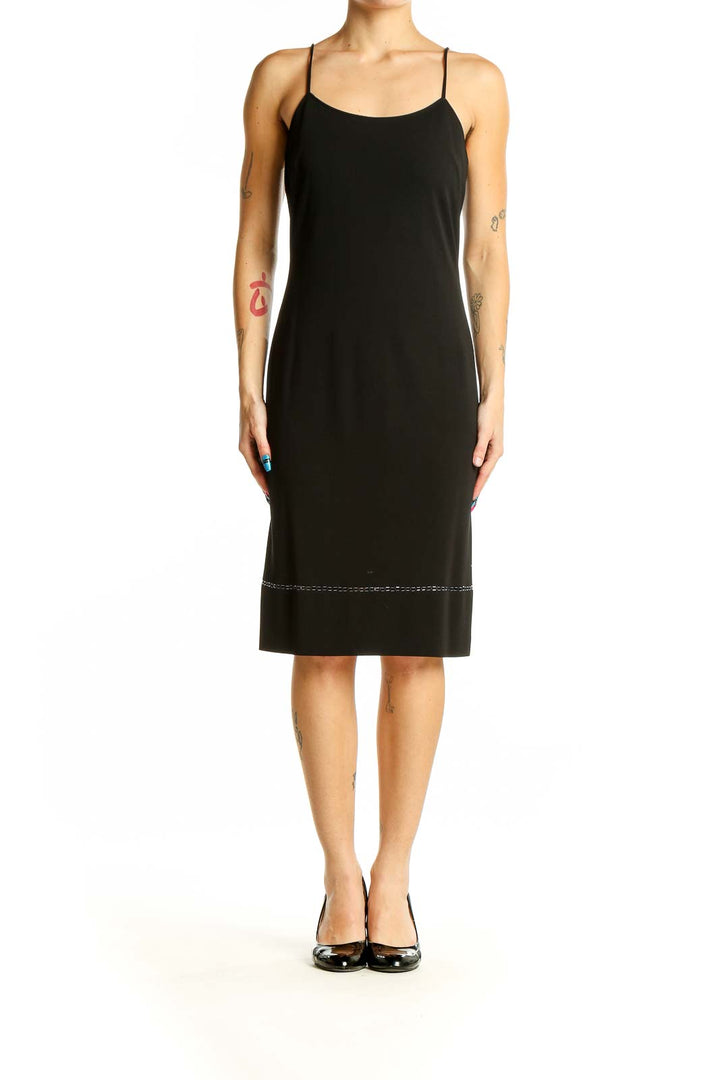 Front view of black Rimini spaghetti strap midi dress